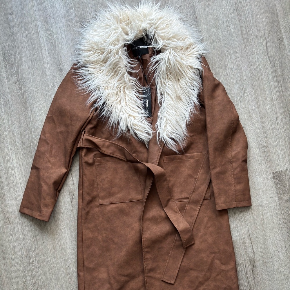 Fashion Nova Brown Trench Coat with Faux Fur Collar